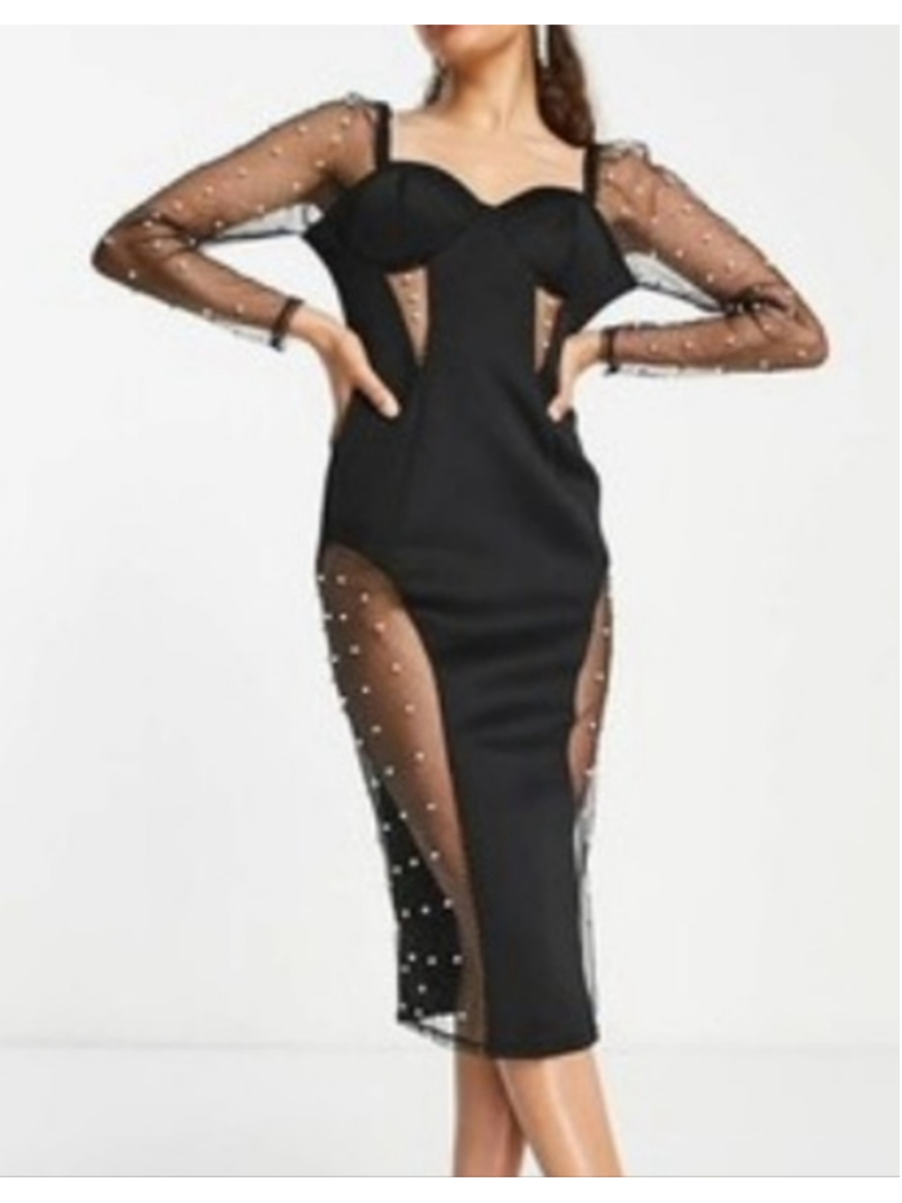 ASOS DESIGN Petite glitter insert pearl mesh midi pencil dress in black - Size 6
